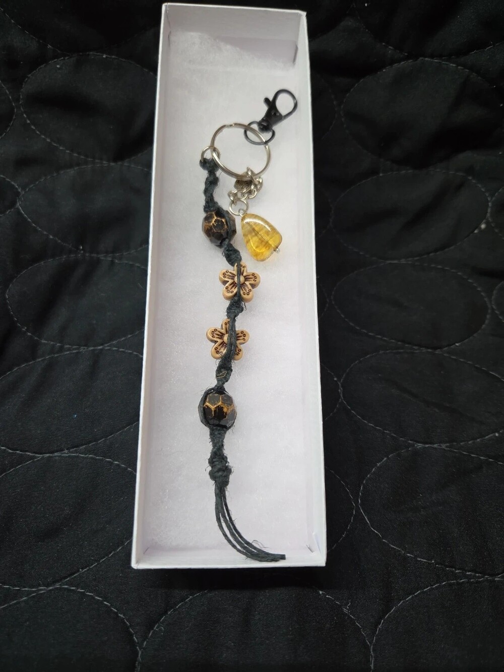 Accessories Black Hemp Keychain Brown Flower Beads Natural Yellow Stone